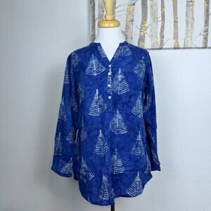 UTSA Batik Leaf Print Popover Top Blouse Blue White Medium